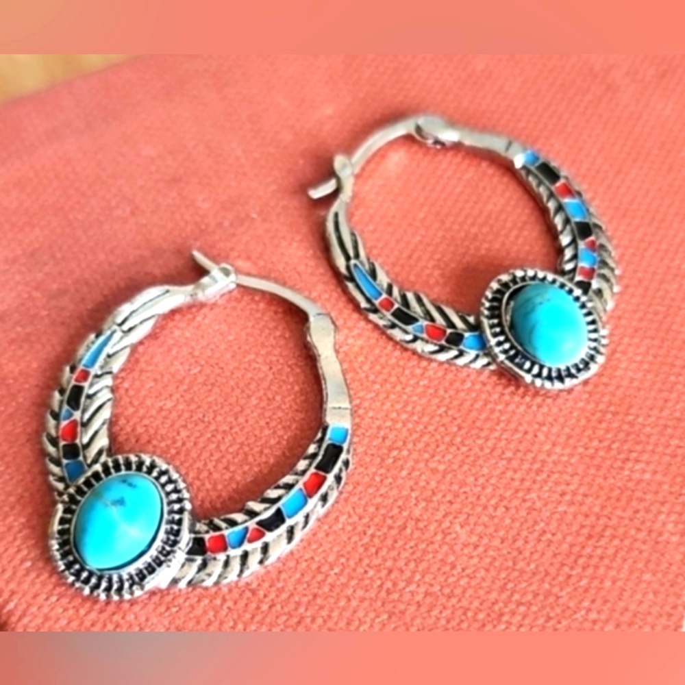 BOHO Feather EARRINGS SOUTHWEST TURQUOISE HOOPS 1.5 in EP